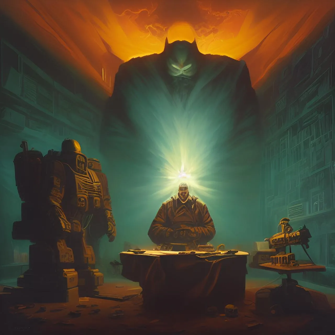 a painting of a man sitting at a table surrounded by robots