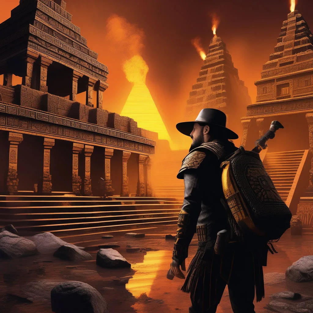 a man with a hat and a backpack in front of a temple