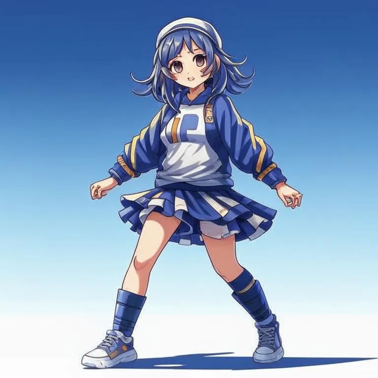 a girl in a blue and white uniform The girl is dancing