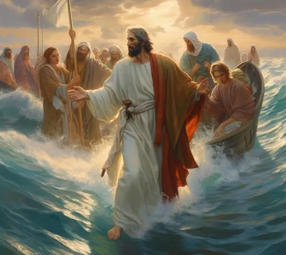 a painting of jesus walking through the water