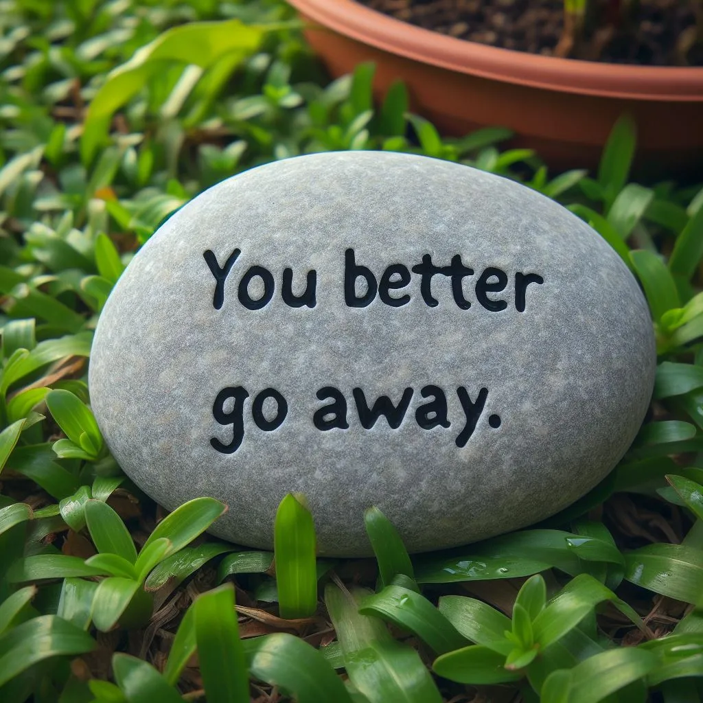 a rock with the words you better go away written on it. placed on fluttering grass