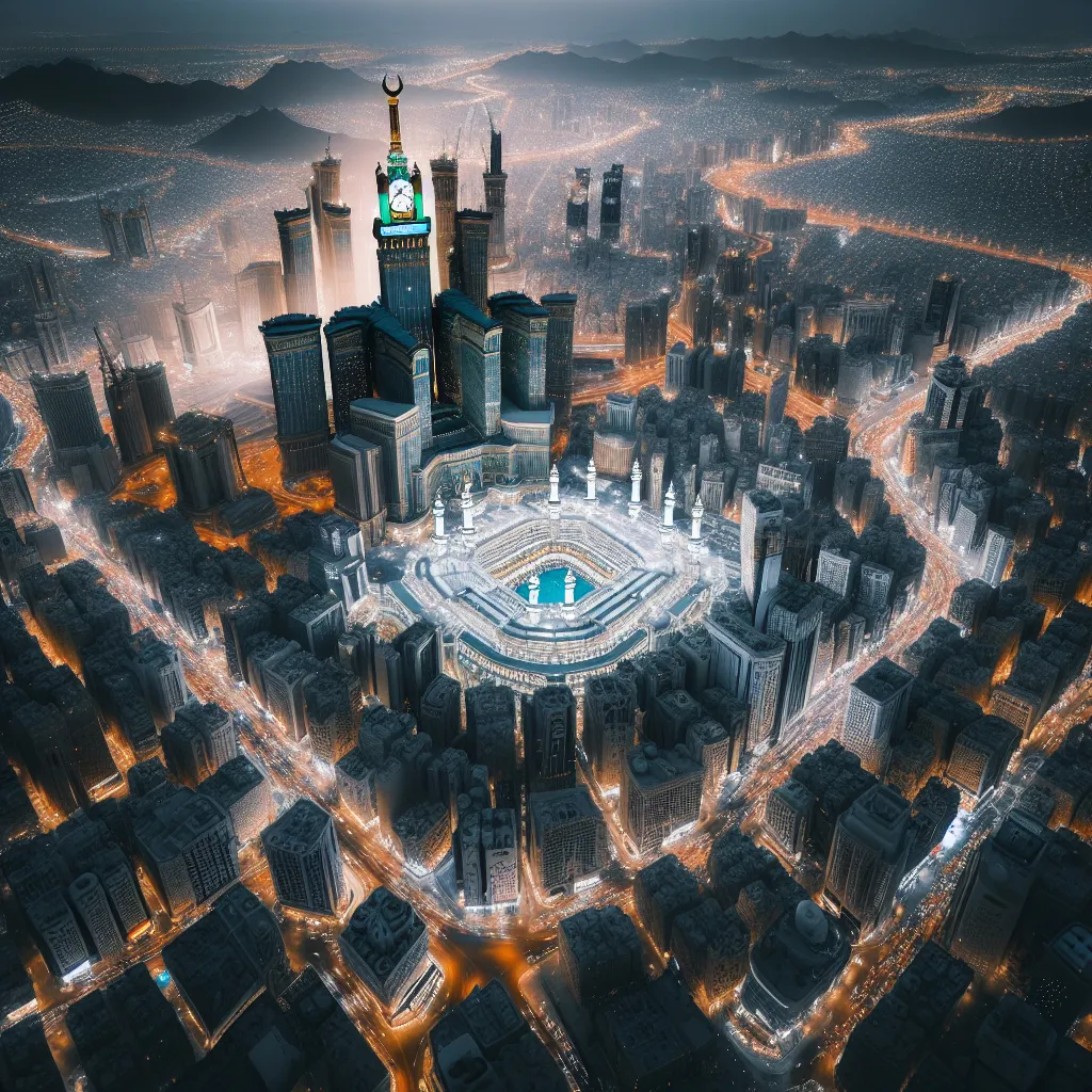 The image shows an aerial night view of Mecca, Saudi Arabia. The focal point of the image is the Grand Mosque, which is surrounded by tall buildings and hotels. The city is lit up by artificial lights, which create a beautiful and vibrant scene.