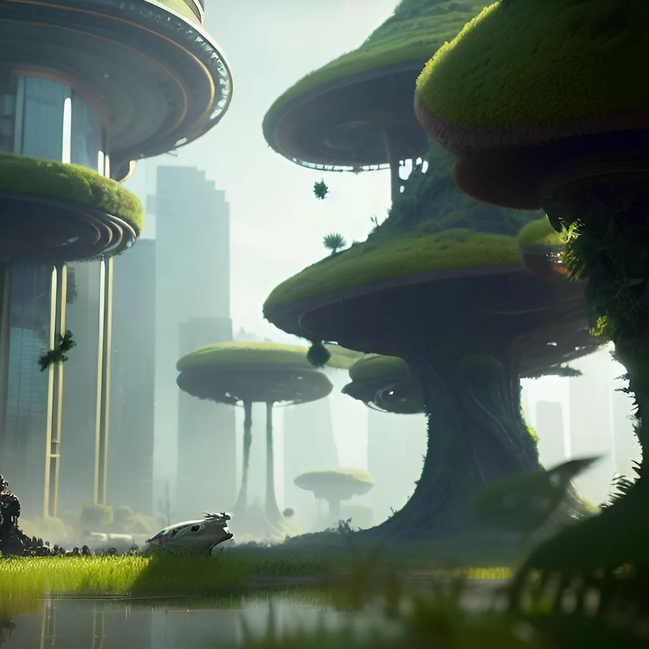 a futuristic city surrounded by trees and grass