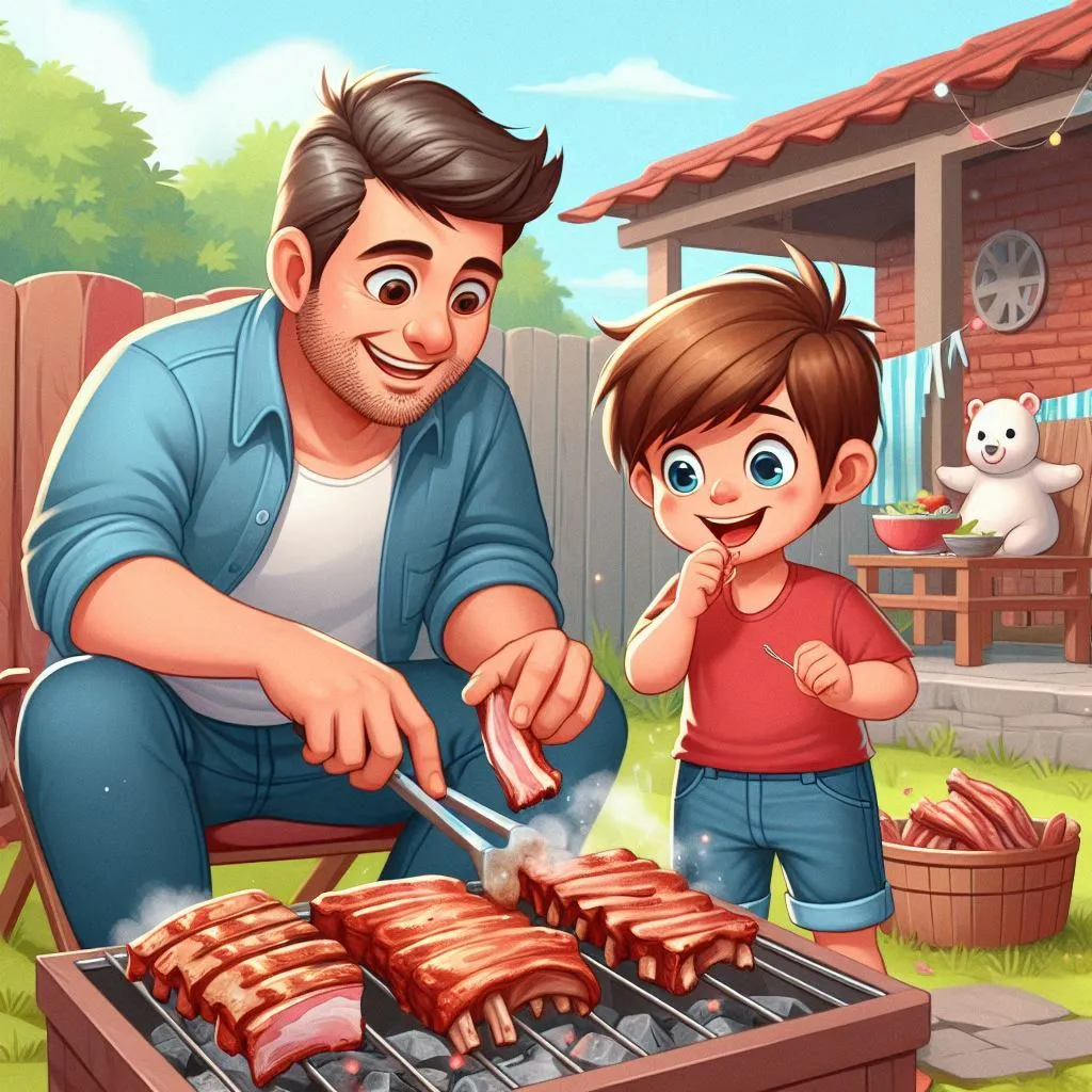 a man and a little boy cooking steaks on a grill