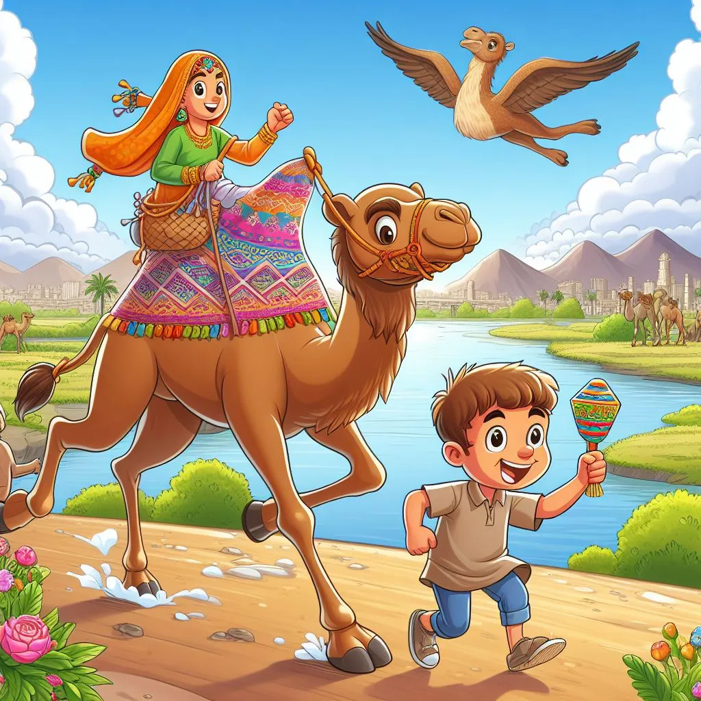 a boy and a girl are riding a camel