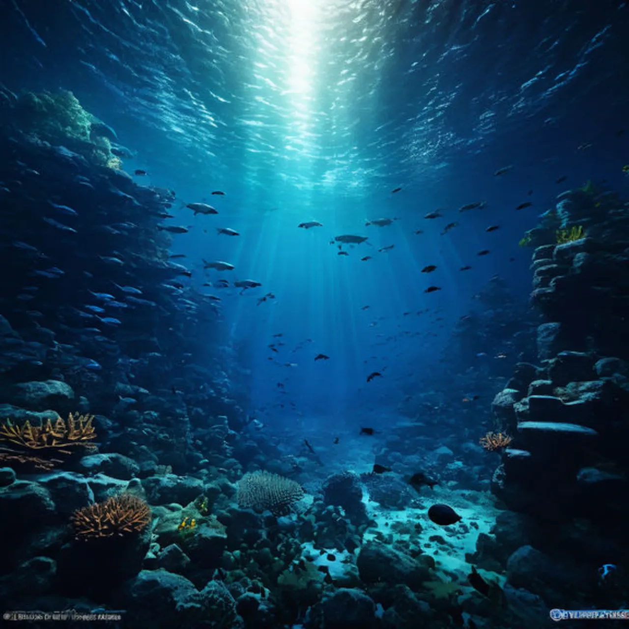 a large group of fish swimming over a coral reef