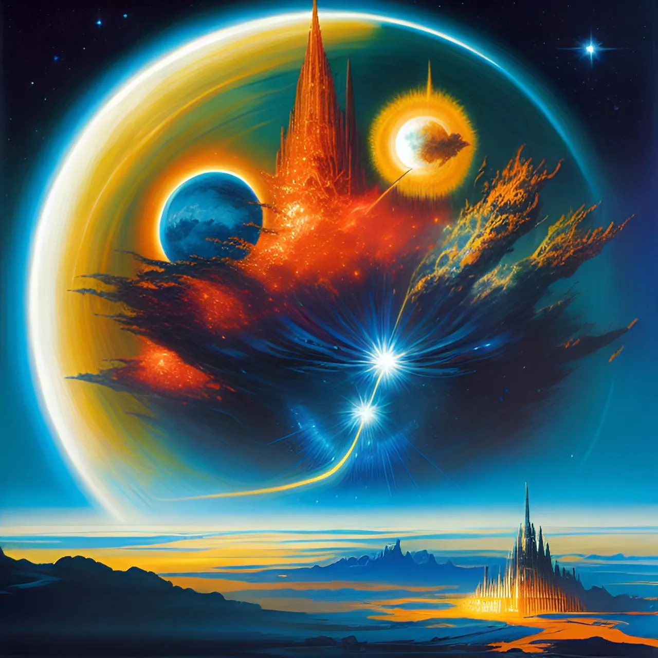 a painting of a space scene with a castle in the distance