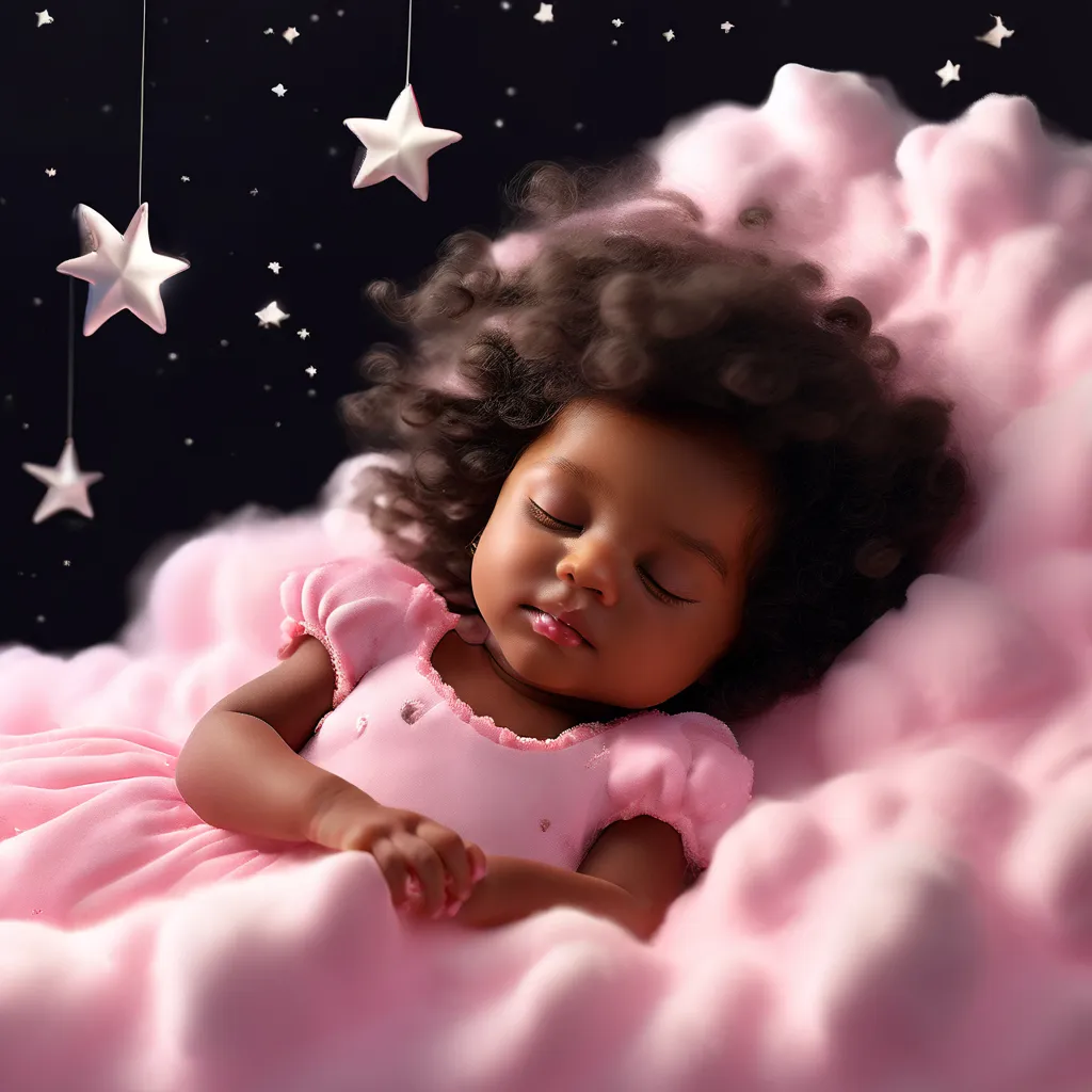 a baby girl sleeping on a cloud with stars