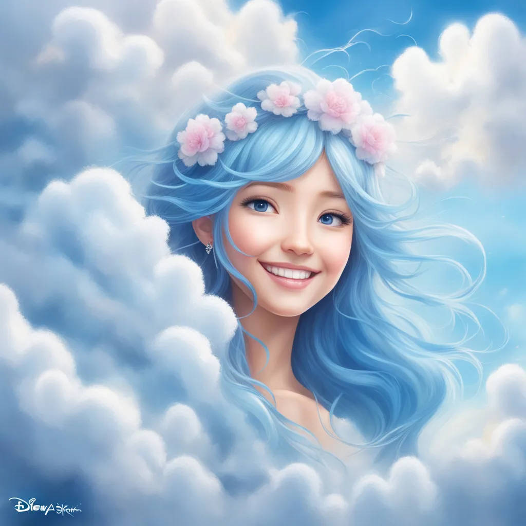 a painting of a woman with blue hair and flowers in her hair