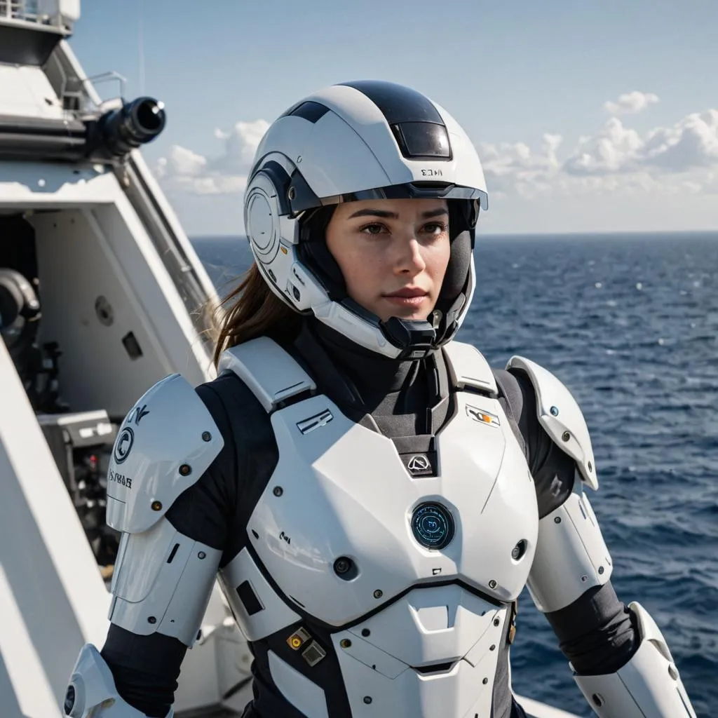 a woman in a futuristic suit on a boat