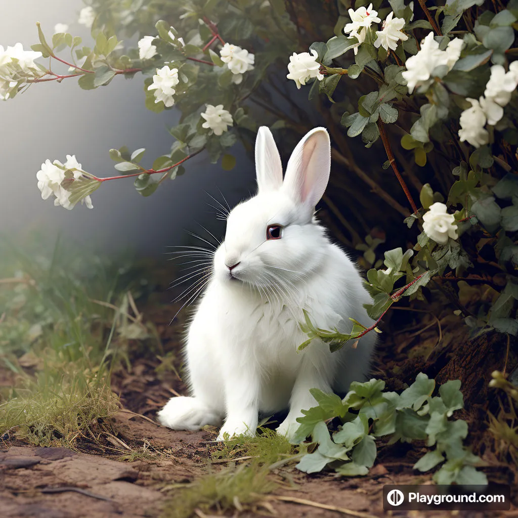 a white rabbit sitting next to a bush with white flowers