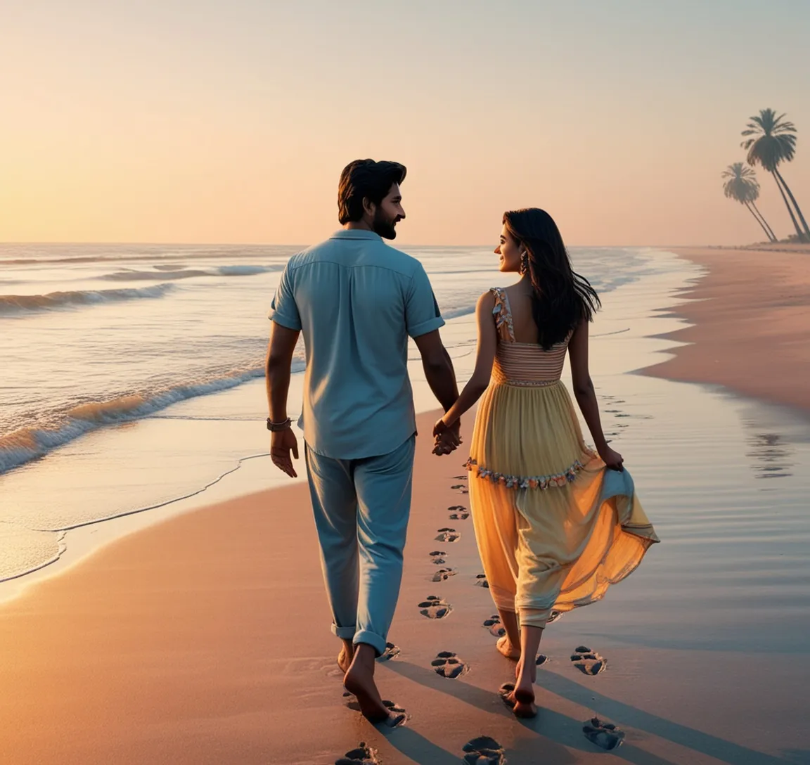 a man and a woman walking on a beach holding hands