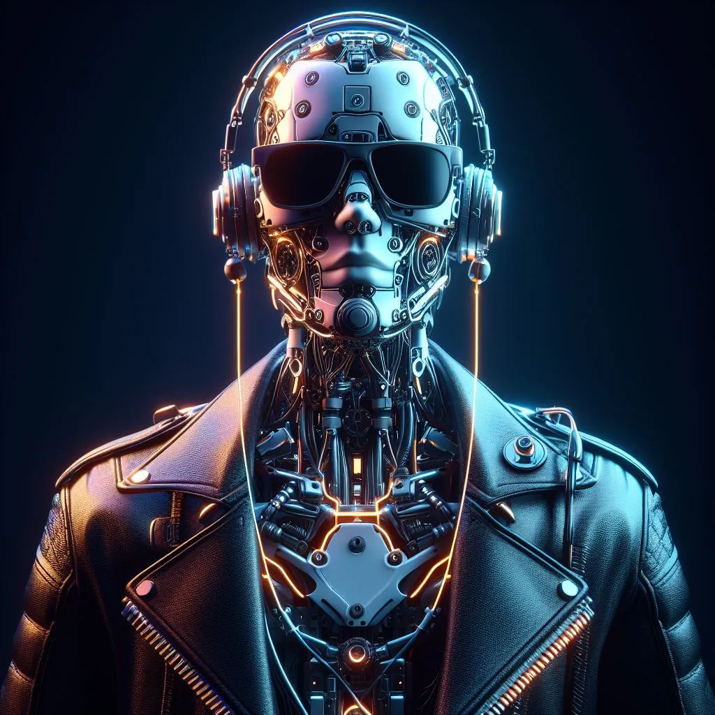 a futuristic man wearing a leather jacket and sunglasses