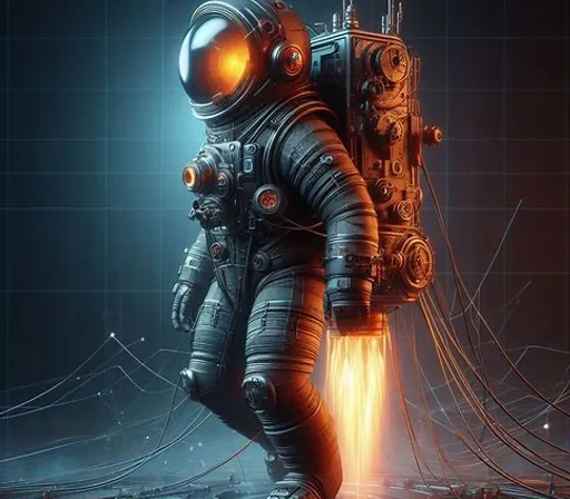 a man in a space suit standing in front of a computer screen