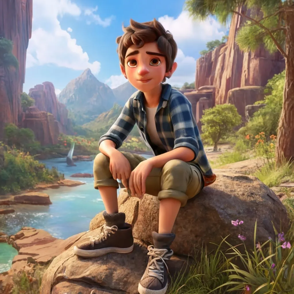 a boy sitting on top of a rock next to a river