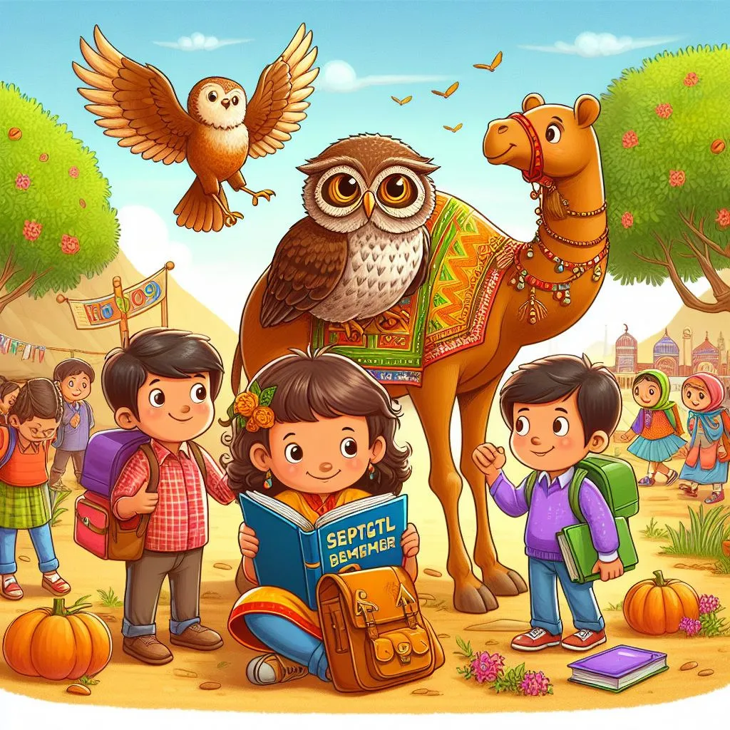 a group of children standing next to an owl on top of a camel