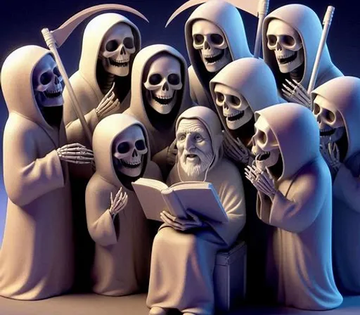 a group of skeleton characters reading a book