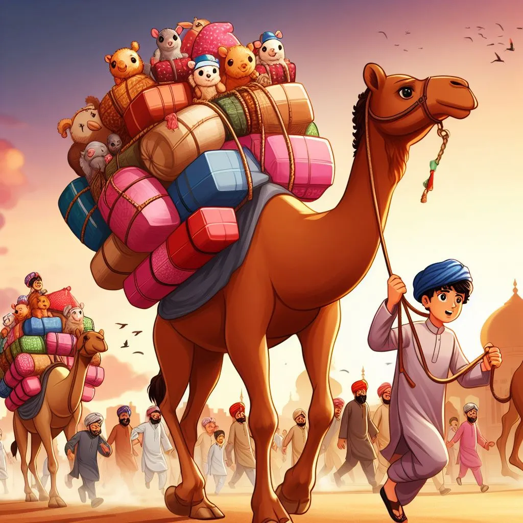 a man walking with a camel and a bunch of stuff on his back