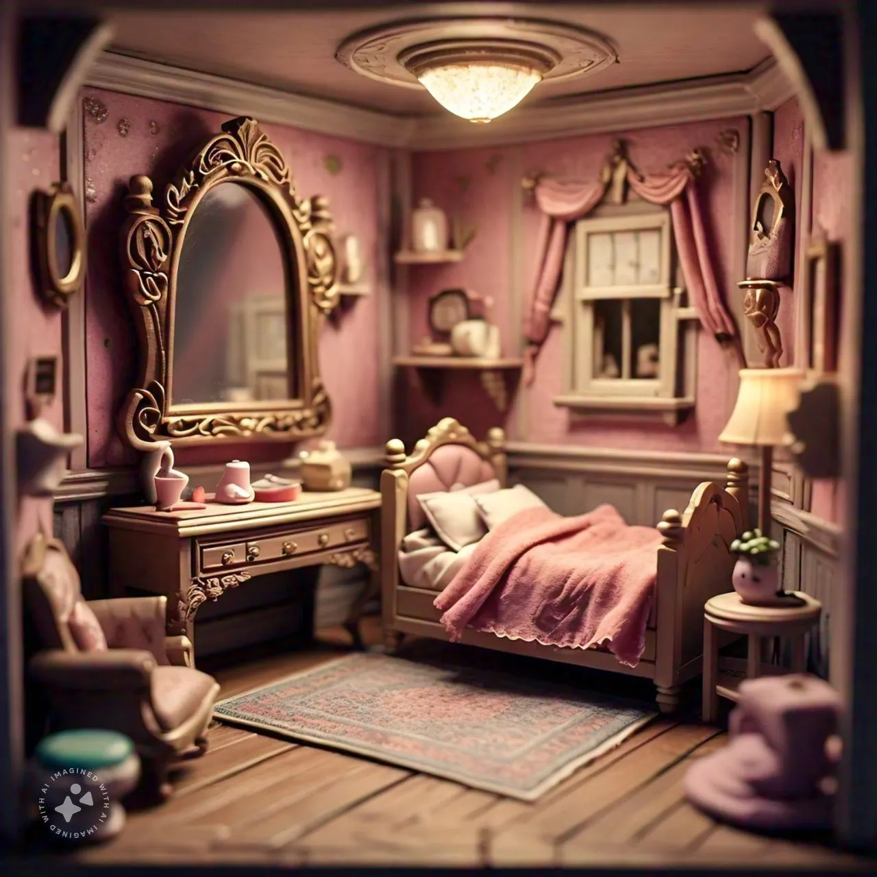 a doll house bedroom with a bed, dresser and mirror