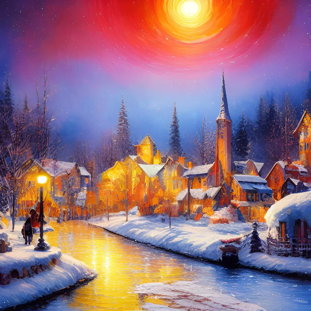 a painting of a winter scene with a river