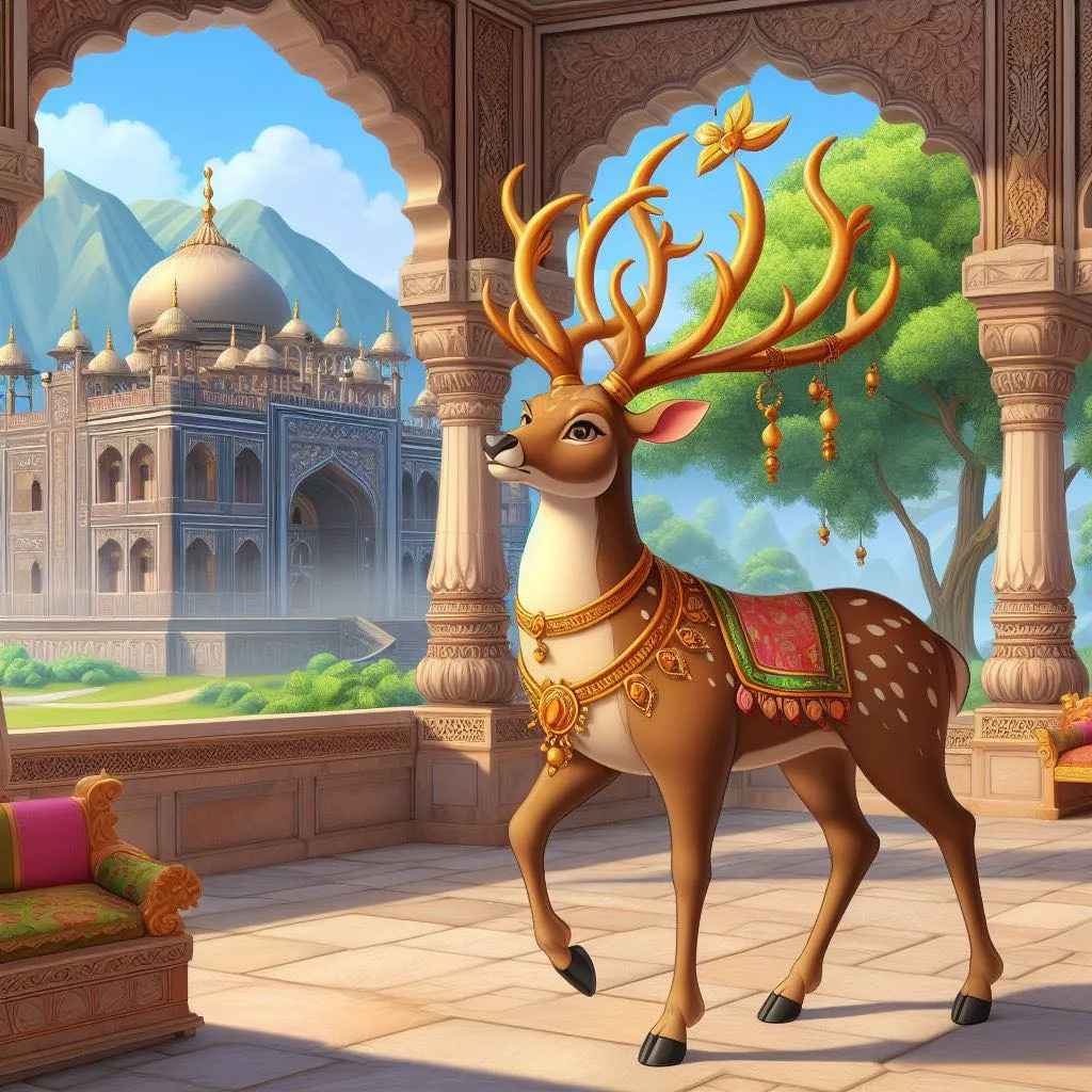 a deer in a room with a view of a palace