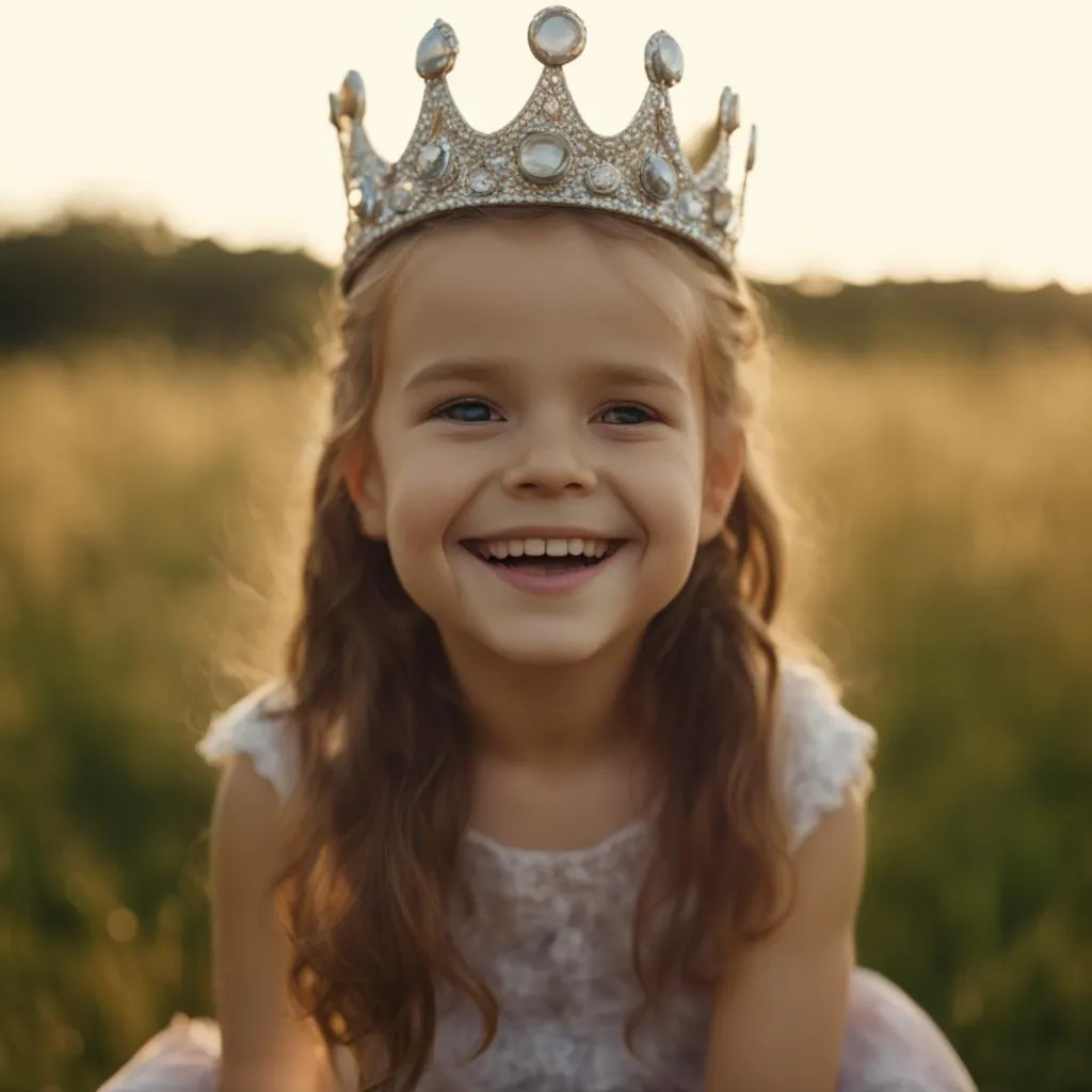 a little girl wearing a tiara sitting in a field