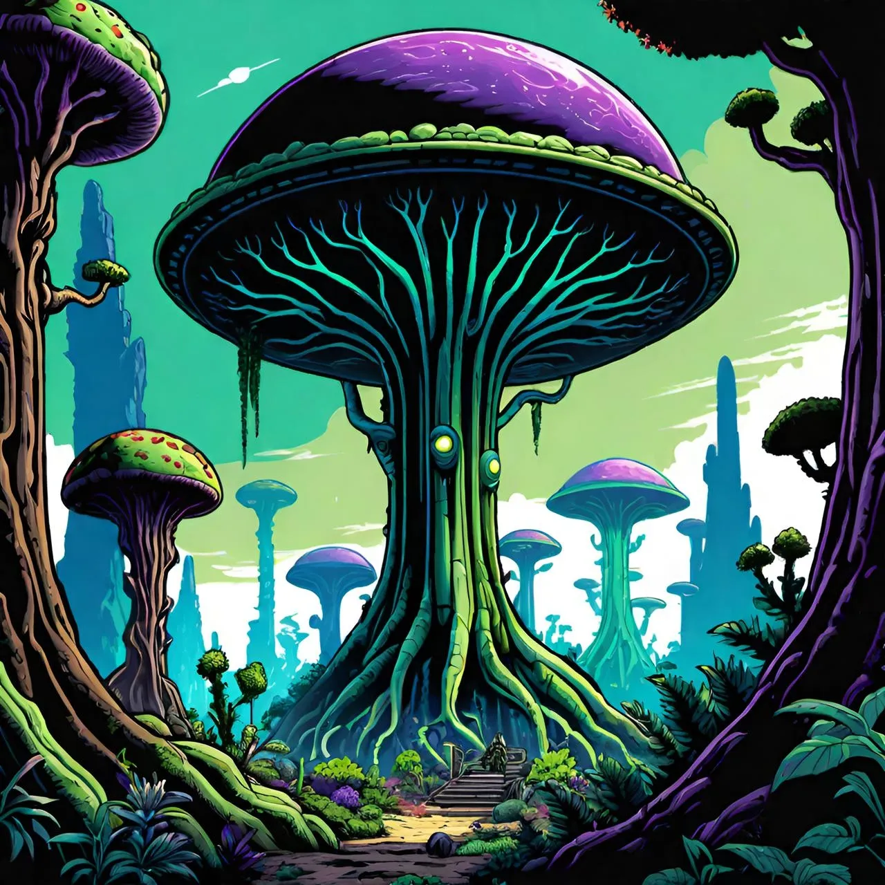 a painting of a mushroom like structure surrounded by trees