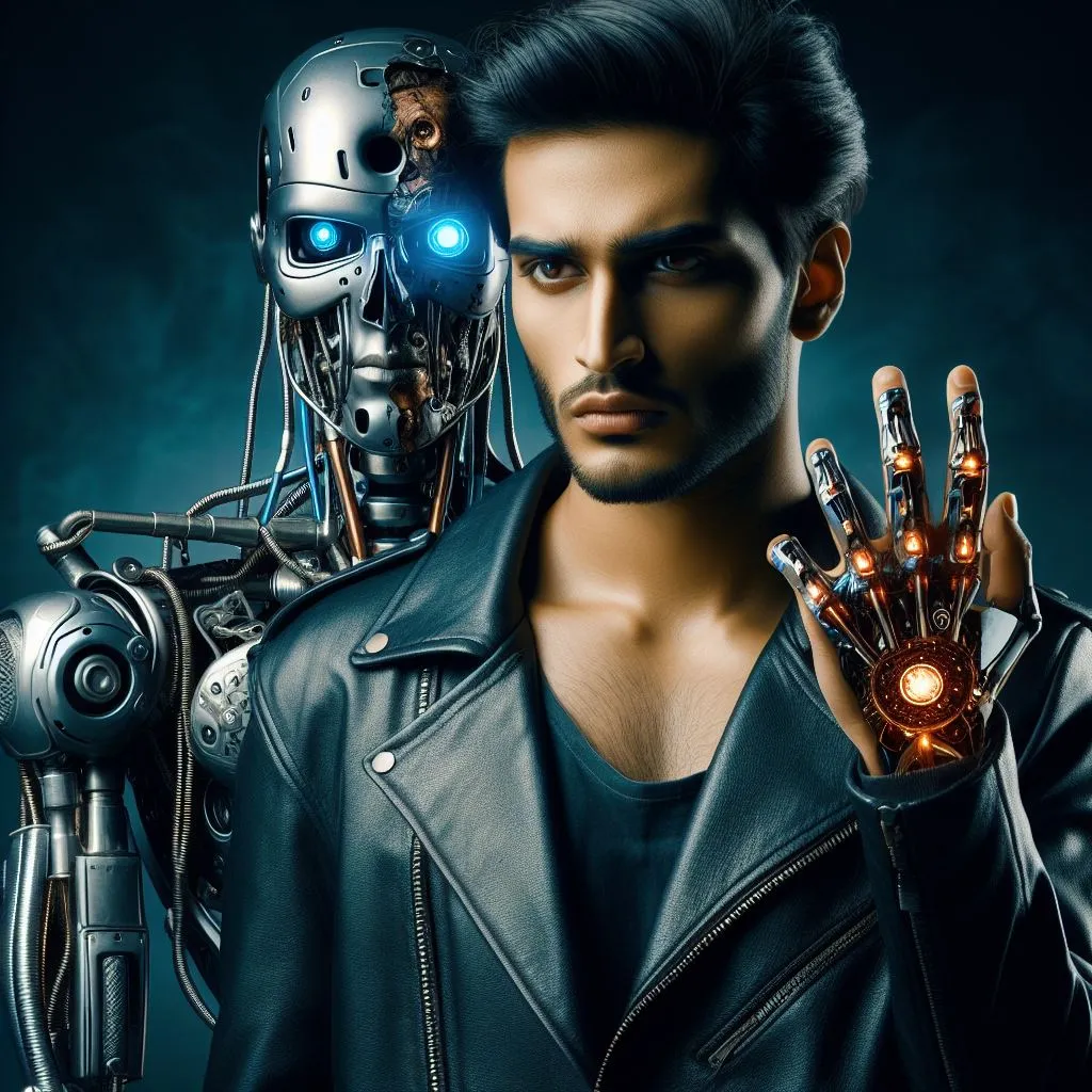 a man in a leather jacket holding a robot hand