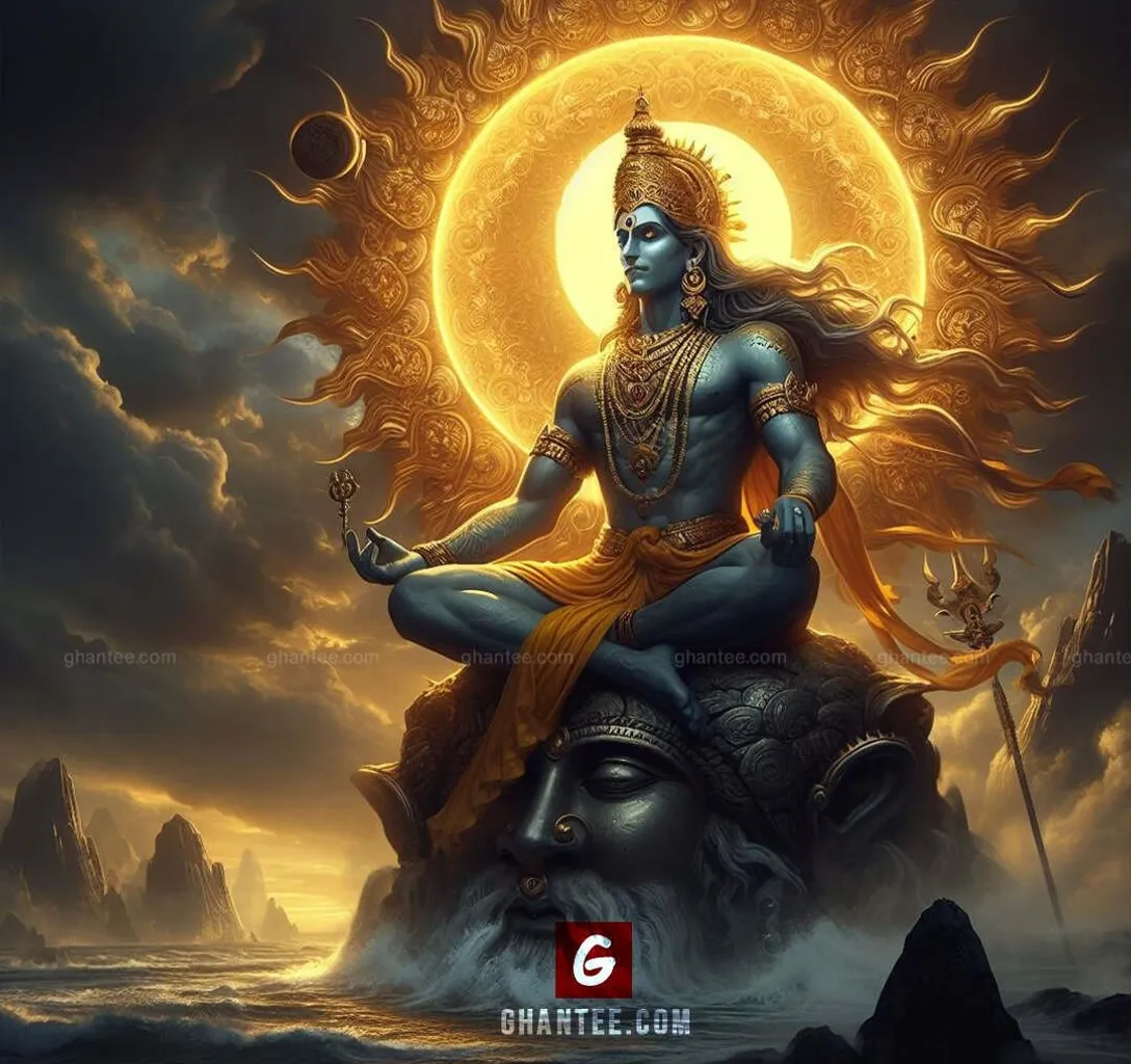 a hindu god meditation pose sitting on a rock glowing golden mandala background behind head, movind dark sky  8k resulation 