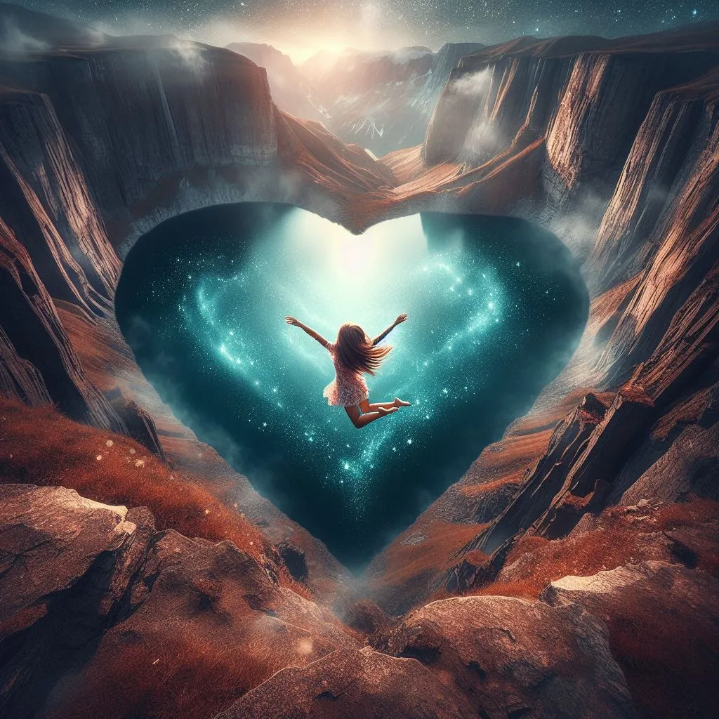 a woman floating in a heart shaped pool of water