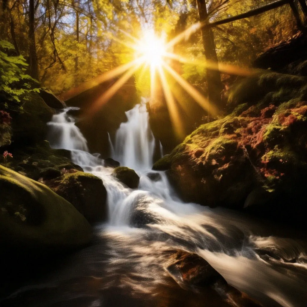 the sun is shining over a small waterfall