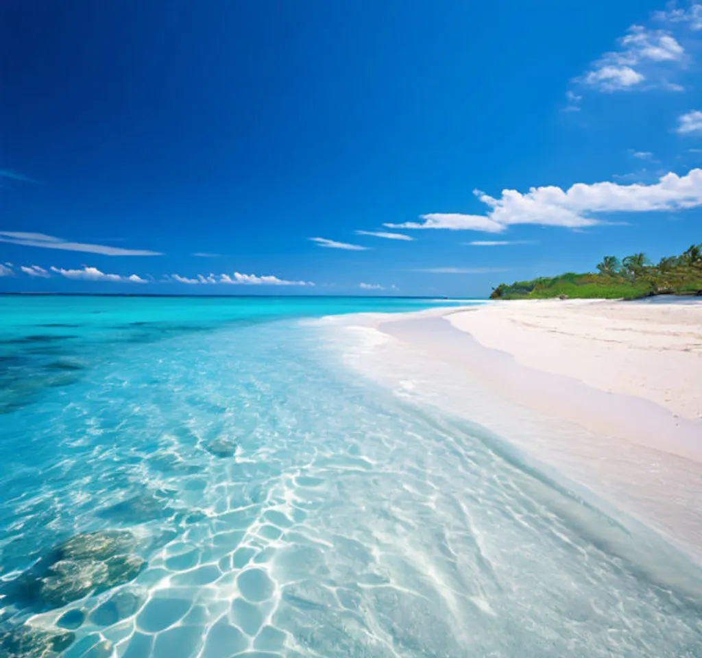 a beach with clear blue water and white sand