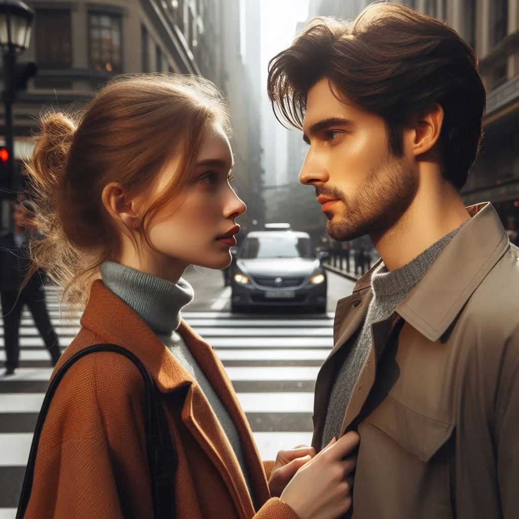 image of a man who meets a woman's gaze while crossing the street.  Their gazes lock for a moment