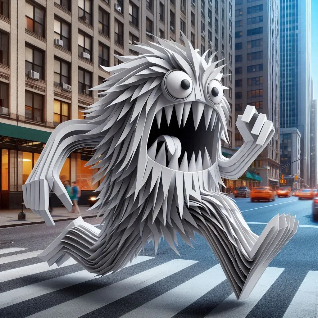 a paper cut of a monster running across a street