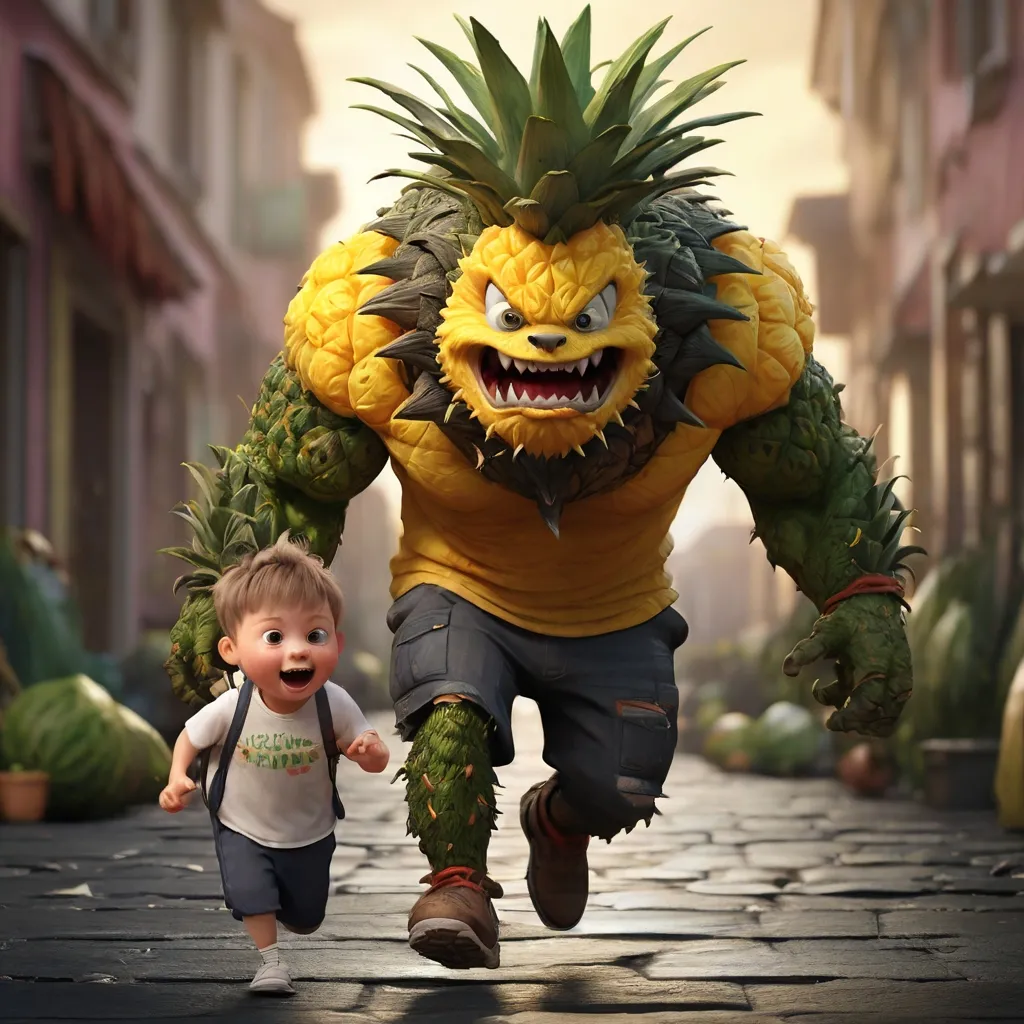 a little boy running away from giant pineapple-monster, high detalization, 4k