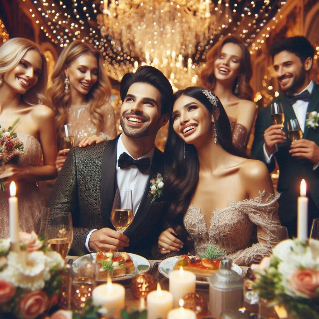 a group of people standing around a dinner table