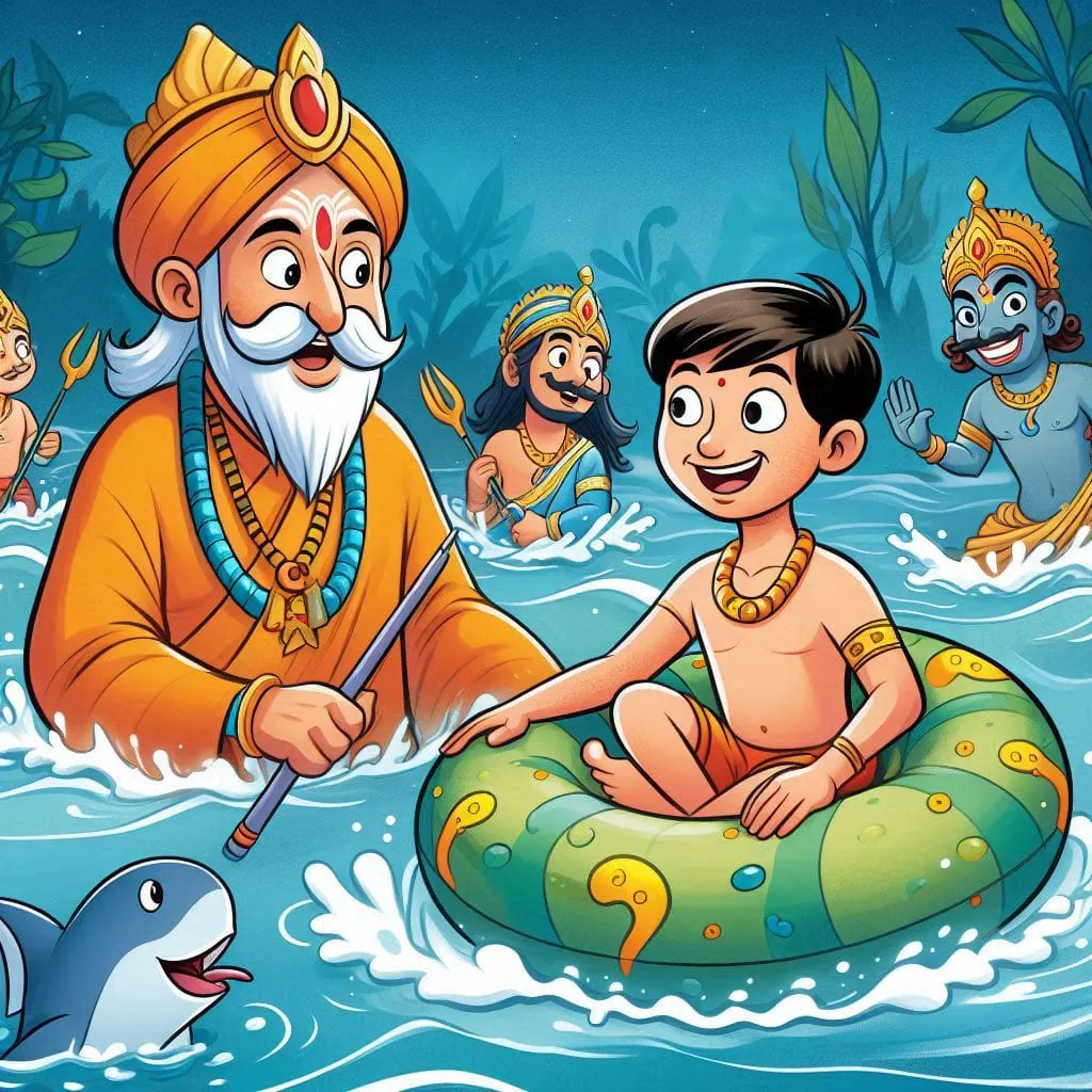 a cartoon of a man and a boy in the water