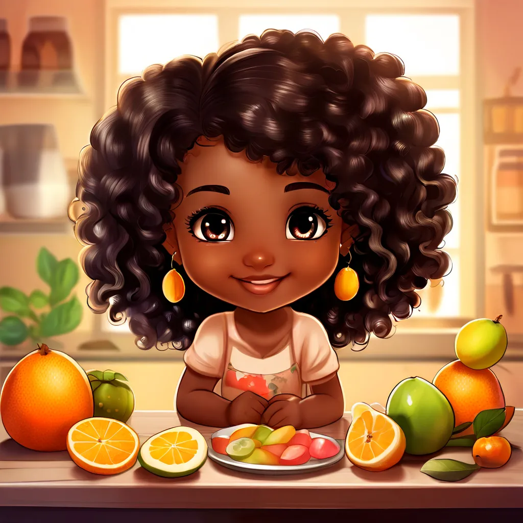 a little girl sitting at a table with a plate of fruit