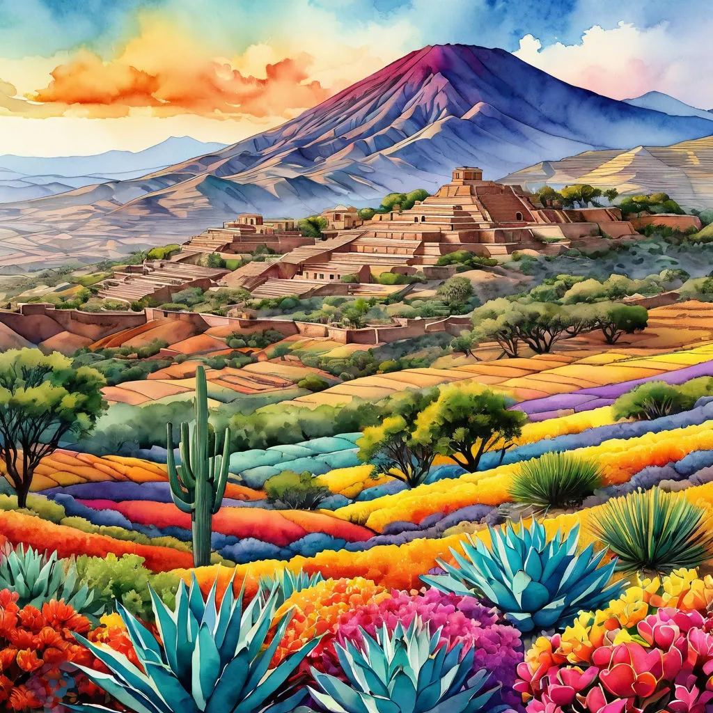 a painting of a colorful landscape with a mountain in the background