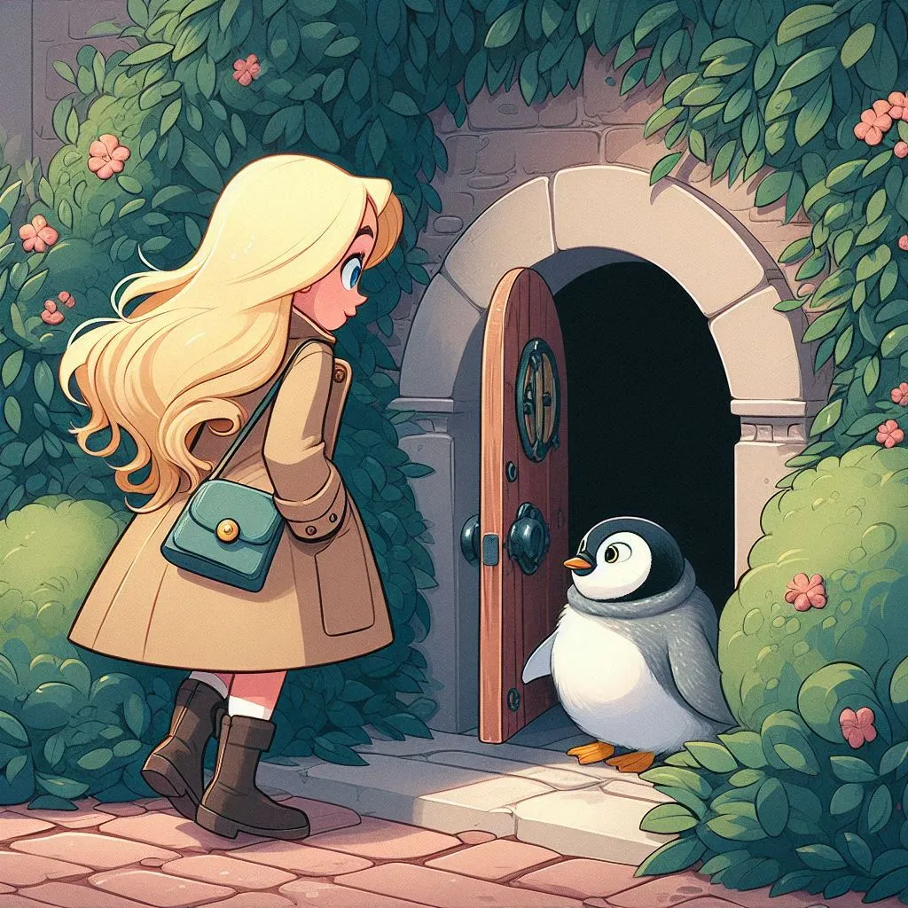 a woman in a trench coat looking at a penguin