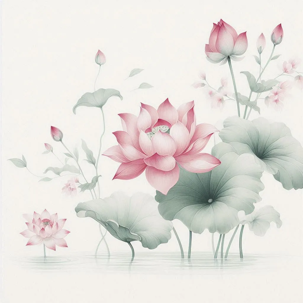 a painting of pink flowers and leaves on a white background