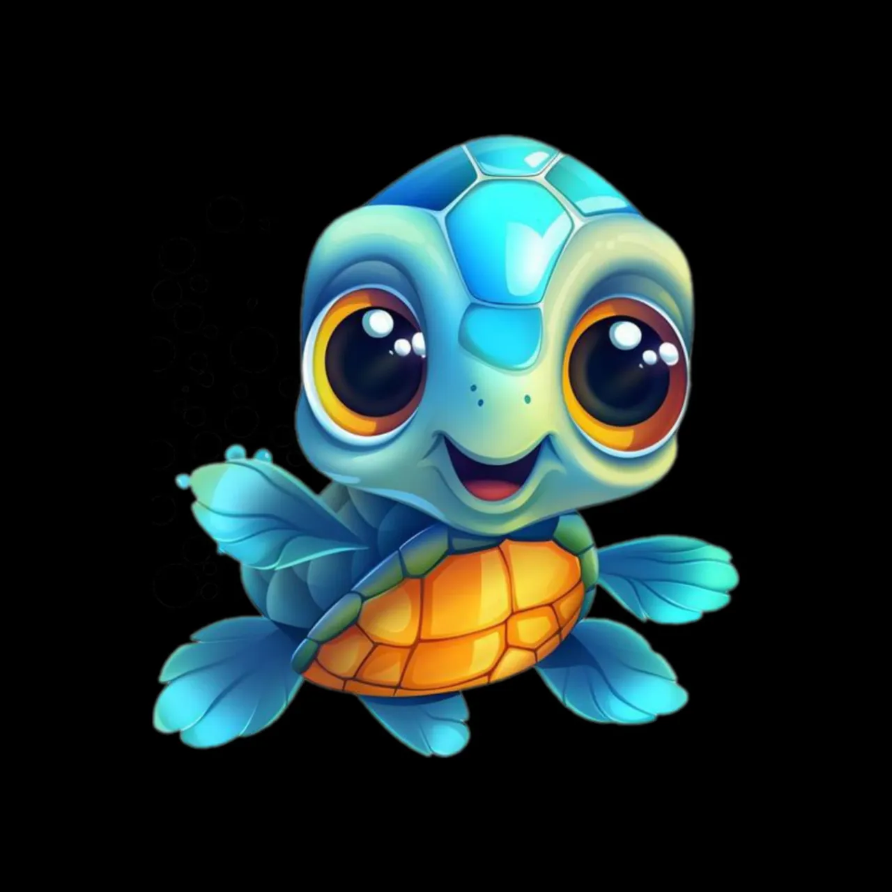 a little turtle with big eyes sitting on a black background