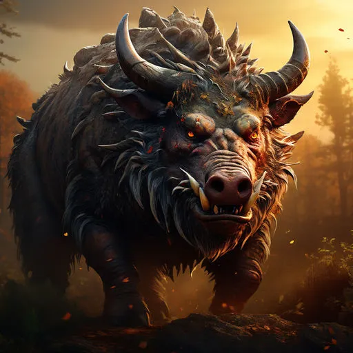 a painting of a horned animal in a forest