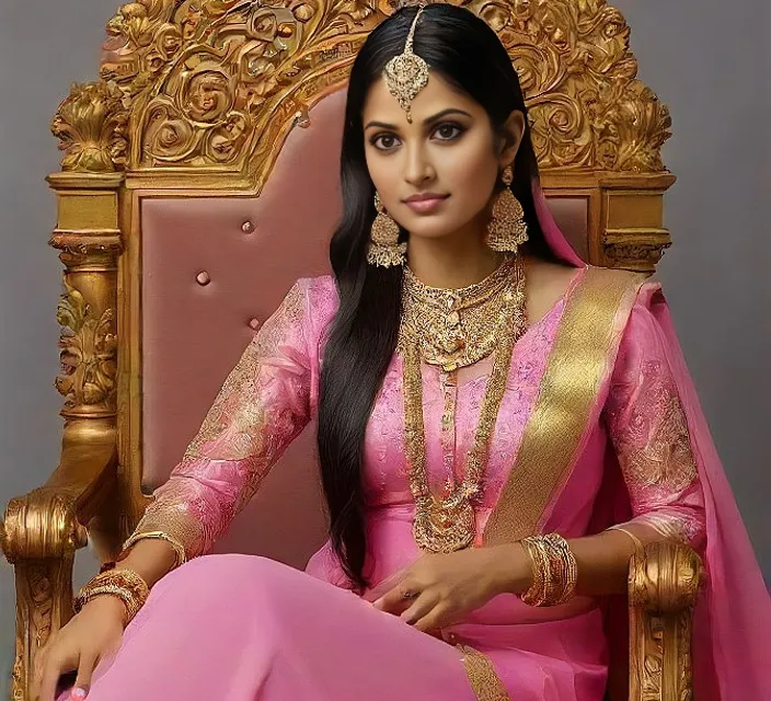 a woman in a pink sari sitting on a gold throne