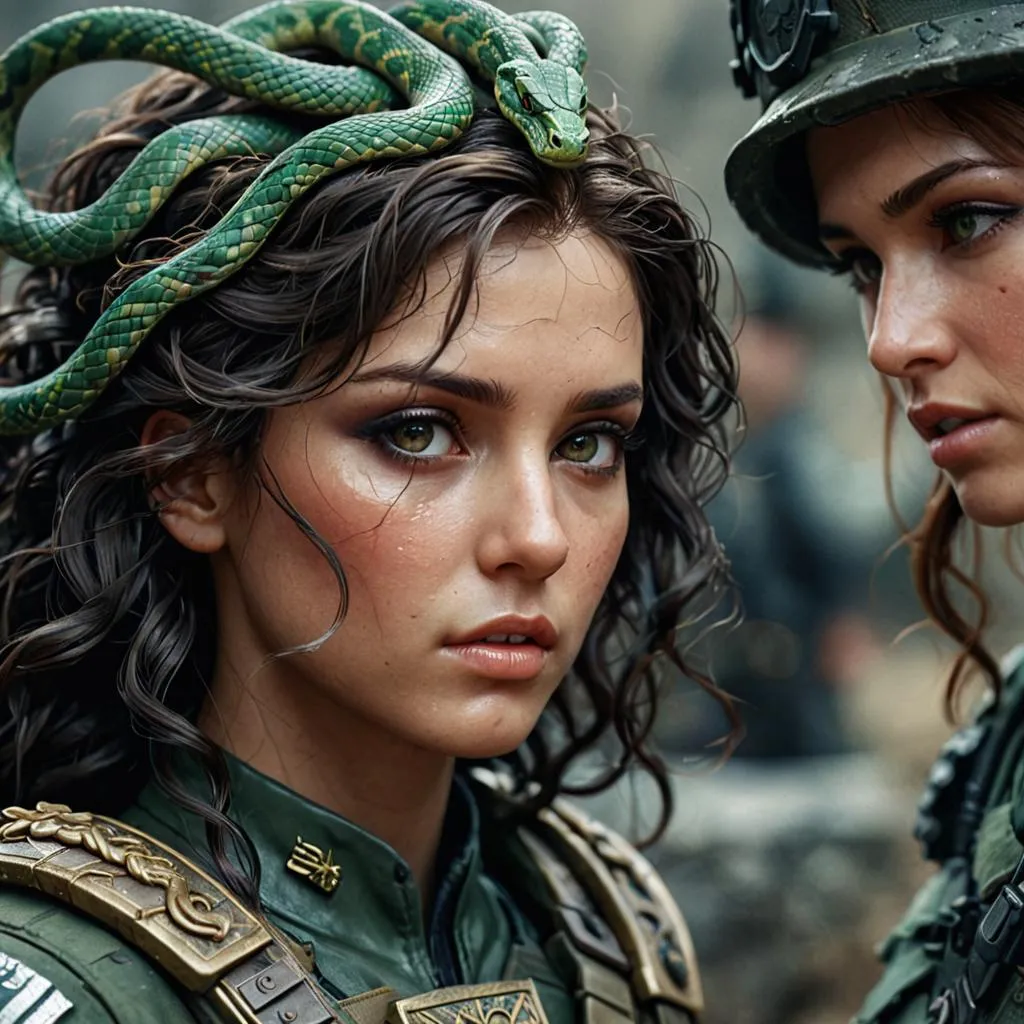 two women in military uniforms with a snake on their head