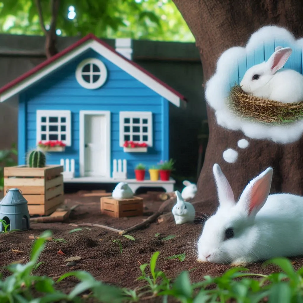 a white rabbit sitting next to a blue house