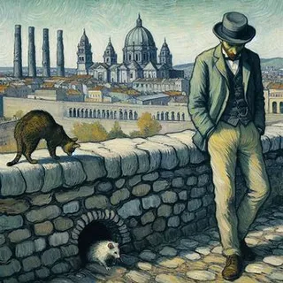 a painting of a man standing on a stone wall todo en estilo impresinismo 