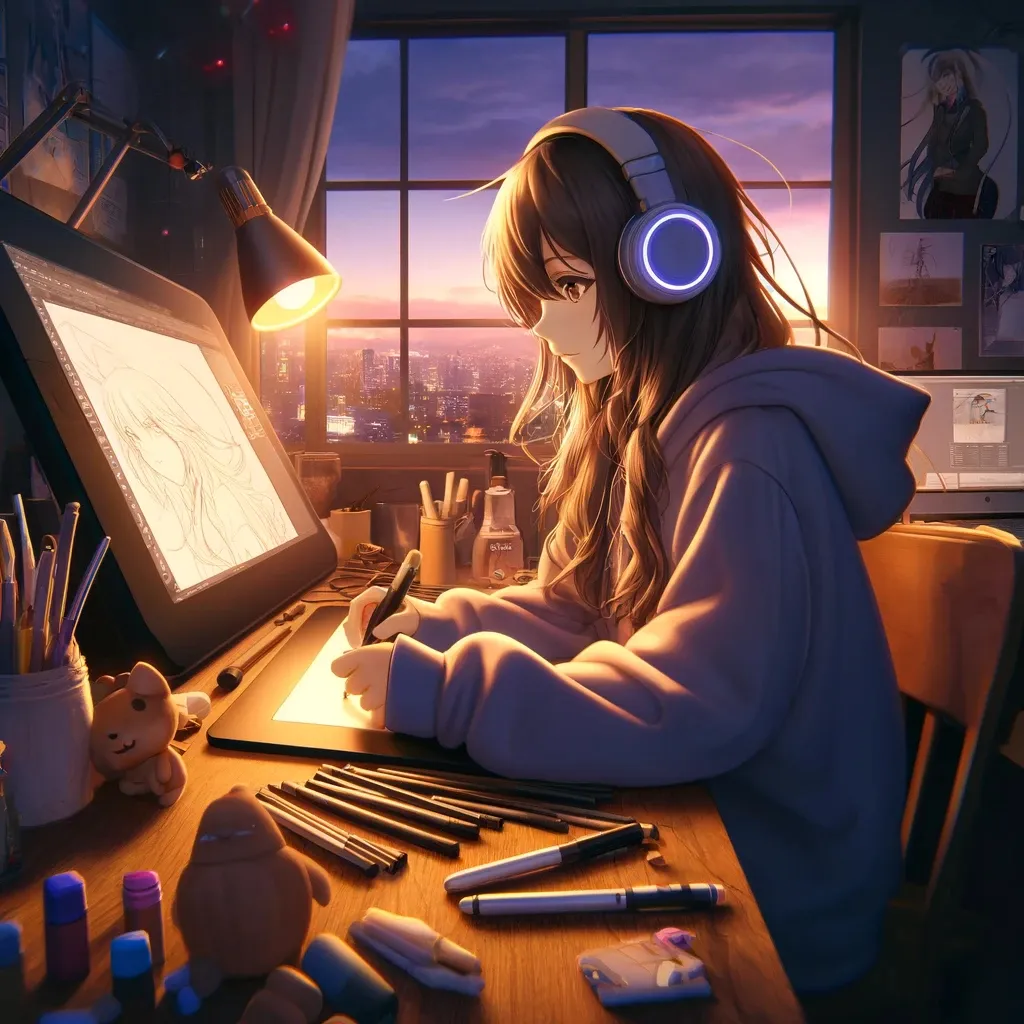 a girl sitting at a desk with headphones on