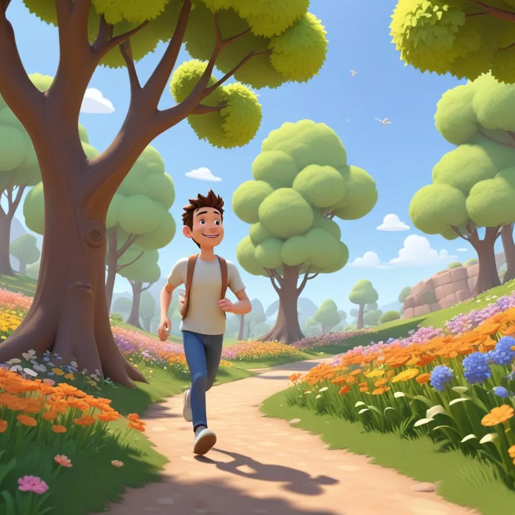 a man is running down a path in a cartoon