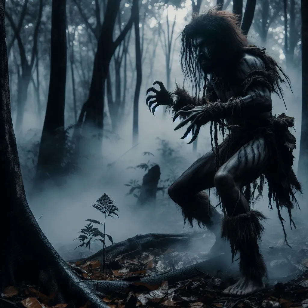 a creepy creature in the woods surrounded by fog